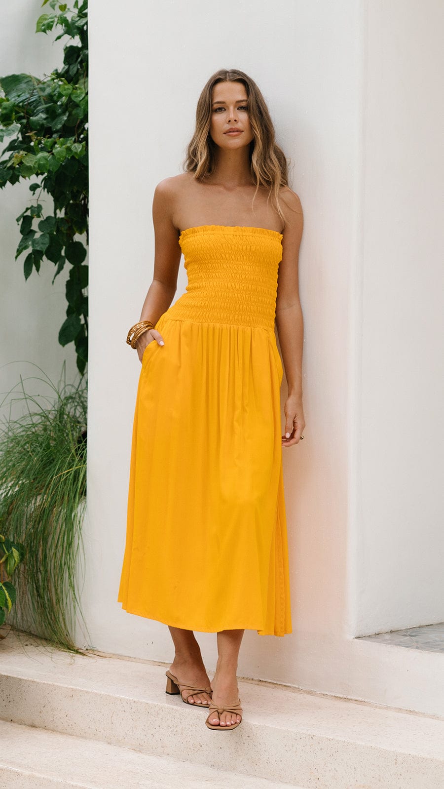 strapless yellow midi dress Women's You Already Know Yellow Cotton Bustier Bodice Strapless Midi Dress | Size: L