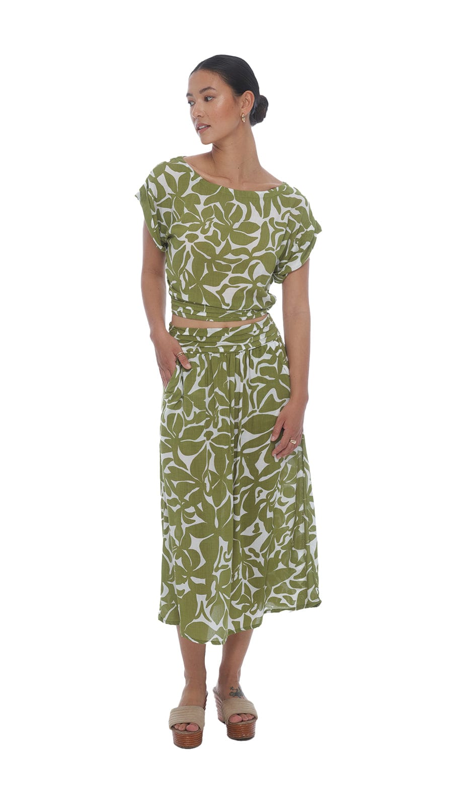 khushclothing SKIRT Pleated Midi Skirt Tuahine - Frangipani Moss