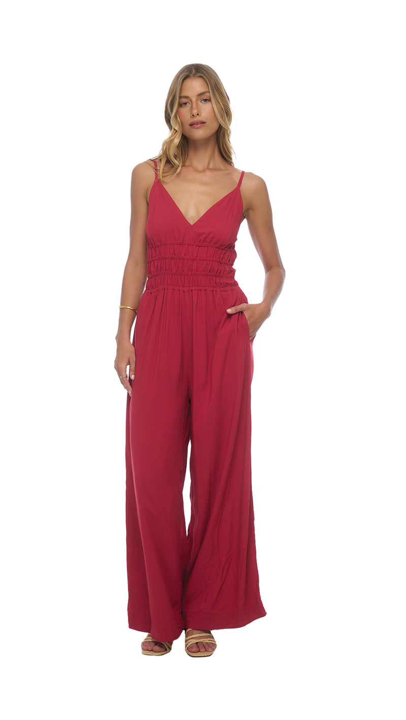 Loose Bottom Fit Opal Jumpsuit - Solid Cherry