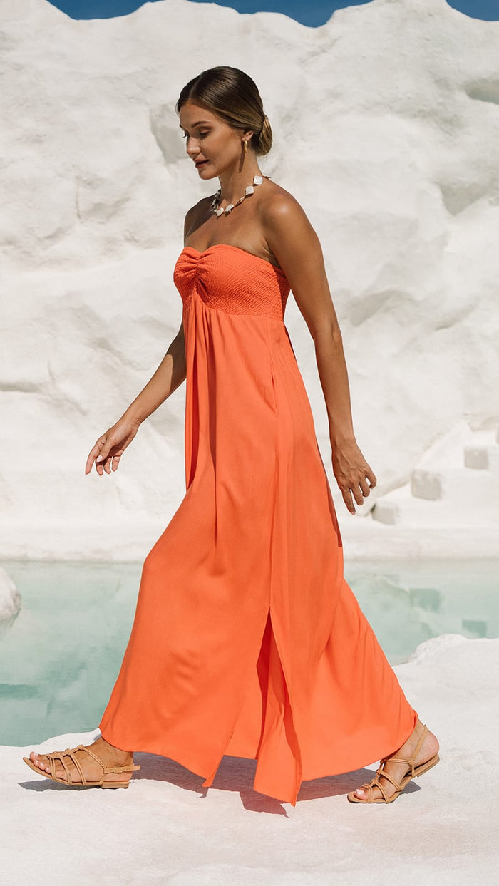 khushclothing DRESSES Aven Strapless Maxi Dress - Solid Coral