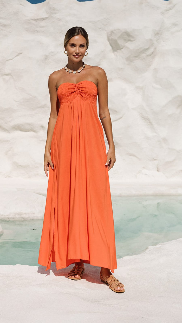 khushclothing DRESSES Aven Strapless Maxi Dress - Solid Coral