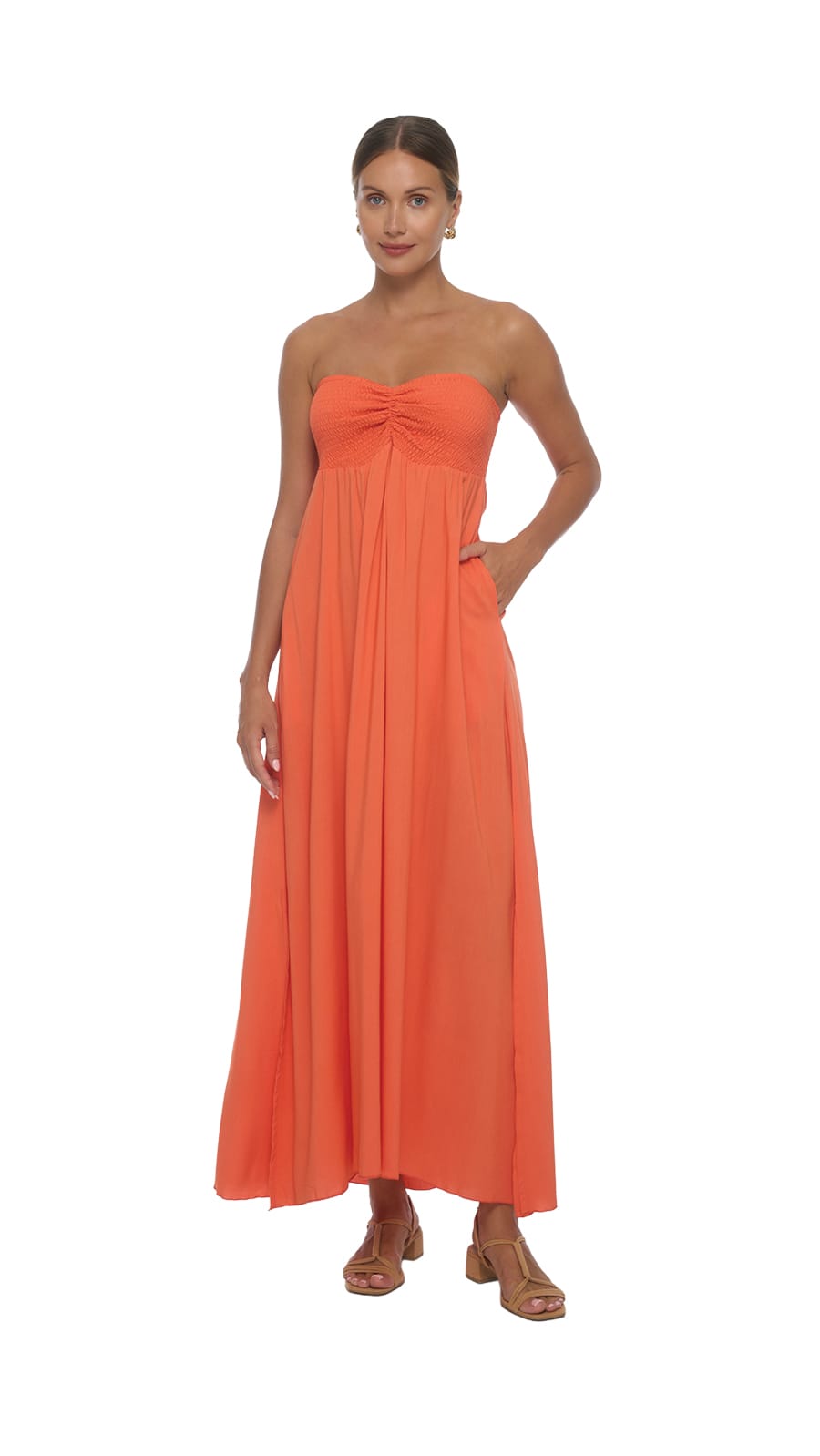 khushclothing DRESSES Aven Strapless Maxi Dress - Solid Coral