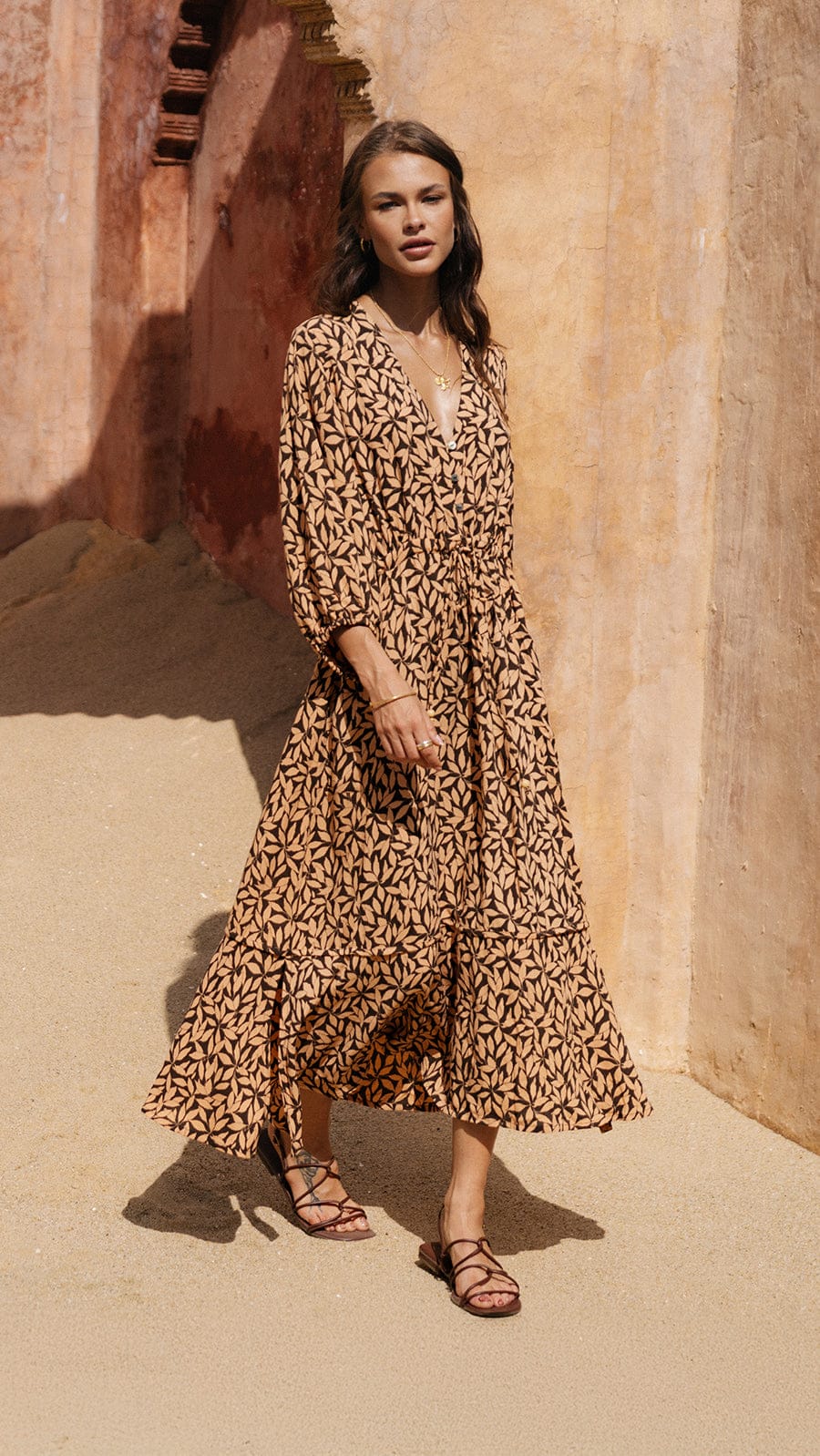 khushclothing DRESSES Fethiye Midi Dress - Petaline Brown