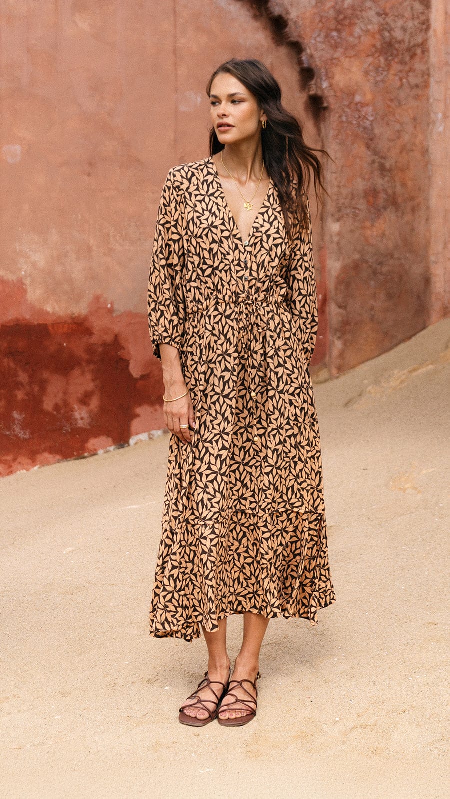 khushclothing DRESSES Fethiye Midi Dress - Petaline Brown