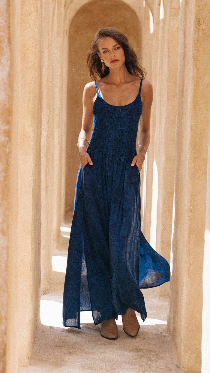 khushclothing DRESSES Smocked Bodice Mardin Maxi Dress - Hazy Naval