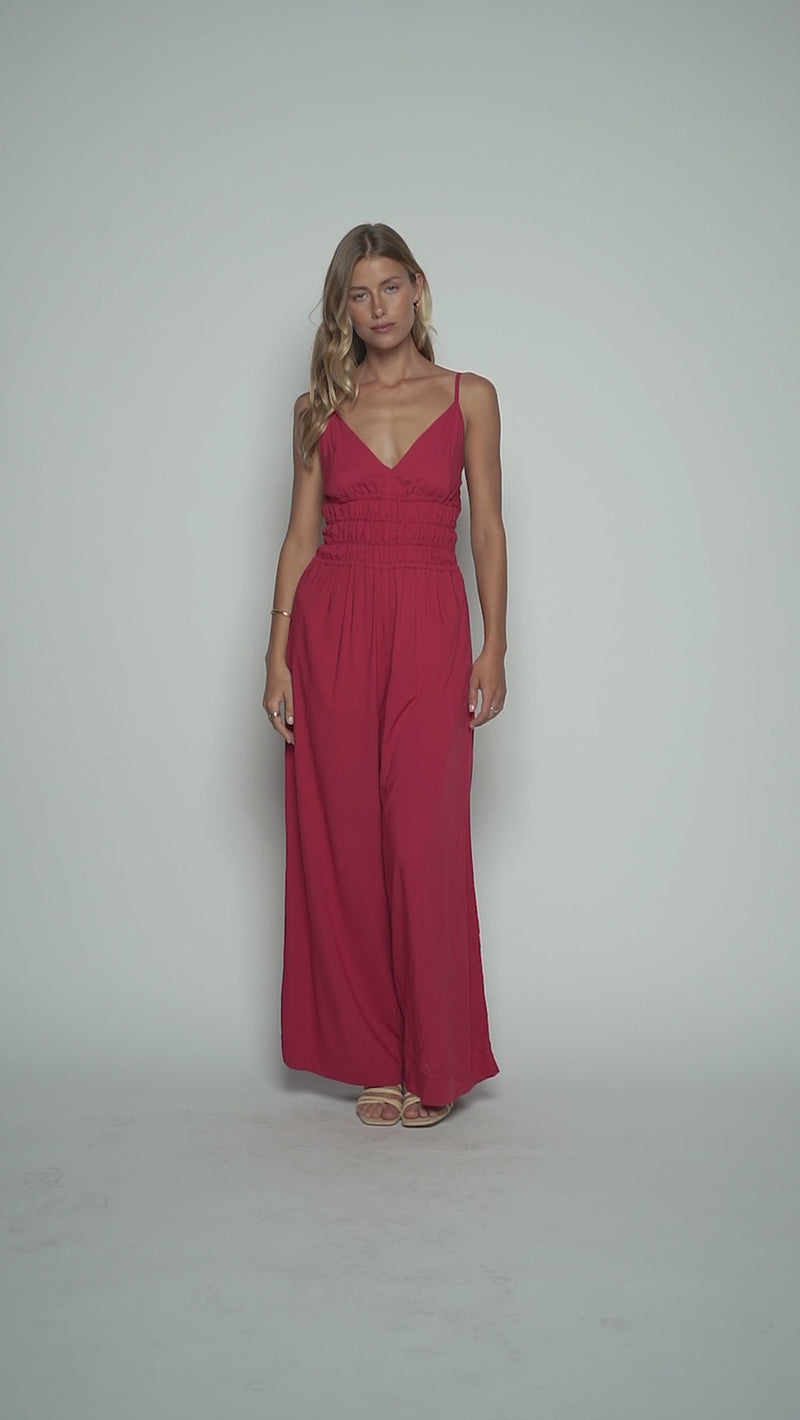 Loose Bottom Fit Opal Jumpsuit - Solid Cherry